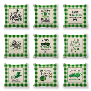 St. Patrick's Day Linen Pillowcase Green Gingham Shamrock Truck Decorative Throw Pillow Cover For Sofa Home Party Decor