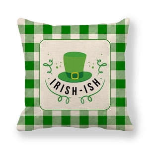 Green gingham St. Patrick's Day pillow cover with Irish-ish hat design and linen texture