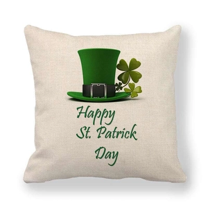 Linen St. Patrick's Day throw pillow cover with green Irish hat and shamrock pattern