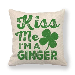 Linen Saint Patrick's Day pillow cover with Kiss Me I'm A Ginger and shamrock print