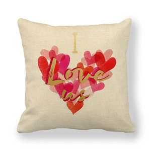 Linen Valentine cushion cover with I Love Us slogan and heart pattern on beige fabric