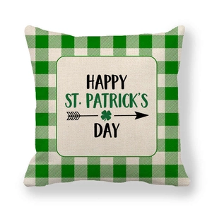Detail of St. Patrick's Day green plaid pillowcase with Happy Day burlap patch