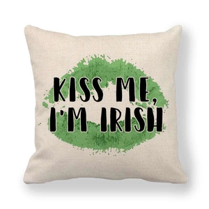 Detail of linen St. Patrick's Day pillow cover with Kiss Me I'm Irish print design
