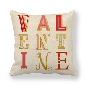 Square Valentine linen pillow cover featuring red and gold artistic lettering on beige fabric