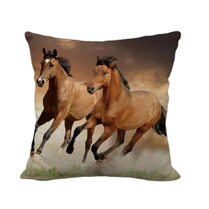 Square linen pillow cover featuring digital print of two brown horses running in dust