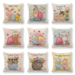 Easter Throw Pillow Cover Linen Cartoon Bunny Chick Owl Print Decorative Cushion Case For Sofa Home Holiday Decor
