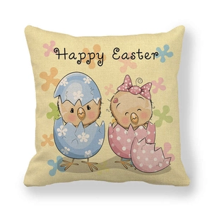 Linen Easter pillowcase featuring cartoon chicks and Happy Easter text on a white background
