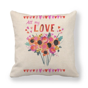 Detail of linen pillowcase with All my Love watercolor flowers and heart patterns