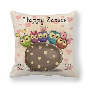 Detailed texture of linen cushion cover with Happy Easter owls on a giant egg