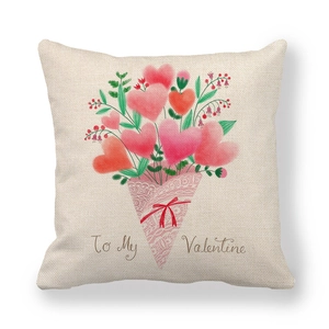 Detail of linen pillowcase with heart bouquet and To My Valentine watercolor text