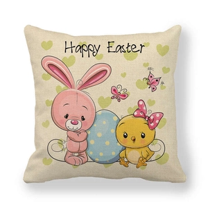 Linen Easter pillowcase featuring cartoon rabbit, chick, and Happy Easter greeting text