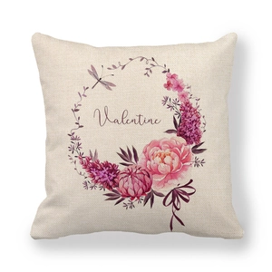 Close-up of linen fabric texture on Valentine's pillowcase with floral watercolor prints