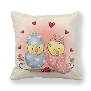 Linen Easter throw pillow case featuring cute cartoon chicks in colorful eggshells