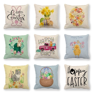 Easter Cushion Cover Linen Bunny Egg Flower Print Farmhouse Retro Throw Pillowcase For Home Sofa Living Room Decor