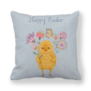 Detailed macro view showing the textured linen fabric and Happy Easter chick pattern