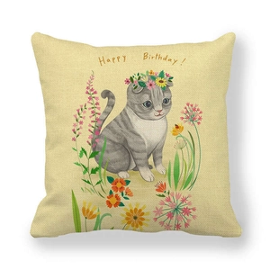Linen Easter throw pillow cover with floral cat illustration and Happy Birthday text