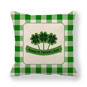 Federa per cuscino St. Patrick in lino con bordo a quadri verdi e trifoglio