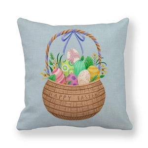 Detail of light blue linen pillowcase with Happy Easter basket print and textured fabric