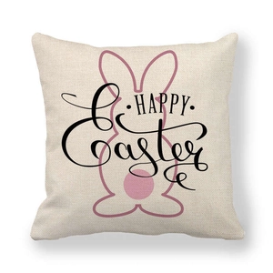 Detailed texture of Easter linen pillowcase with pink rabbit and Happy Easter text