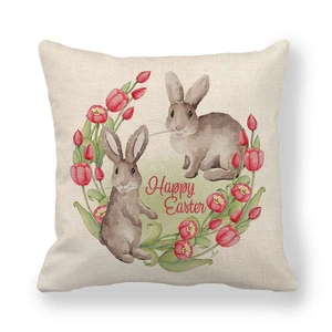 Dettaglio della trama in lino beige con conigli ad acquerello e scritta Happy Easter festiva