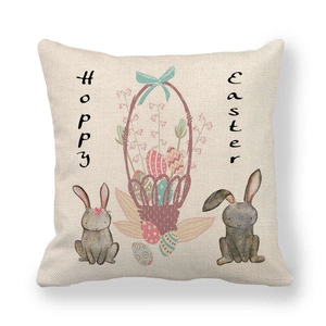 Dettaglio federa in lino pasquale con coniglietti e scritta Happy Easter stampata