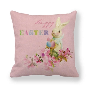 Rosa Leinen-Osterkissenbezug mit Vintage-Hasen und Eiern sowie Happy Easter Schriftzug