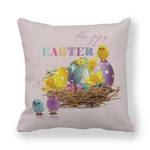 Leinen-Osterkissenbezug mit Happy Easter Text, bunten Eiern und kleinen Küken