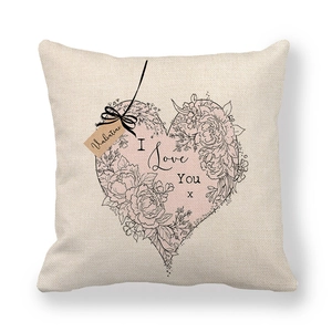 Linen Valentine pillowcase with heart floral pattern and I Love You text on white background