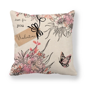 Linen Valentine square pillowcase with pink floral, butterfly, and Just For You text