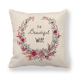 Linen Valentine's Day throw pillow cover with TO MY Beautiful Wife floral wreath design