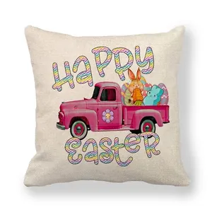 Linen Easter pillow case featuring vintage pink truck with bunnies and Happy Easter text