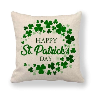 Linen St. Patrick's Day pillow cover featuring a festive green shamrock wreath pattern