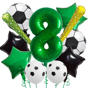 Green number 8 balloon with soccer themed foil stars and balloons for party decoration