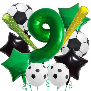 Macro shot of 9th birthday soccer balloon set with green foil number and star details