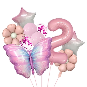 Pink butterfly and number 2 foil balloon set for jungle theme birthday party decoration