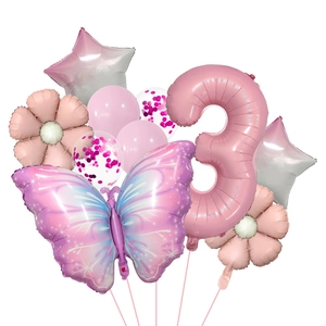 Pink jungle butterfly balloon set with number 3 and floral shapes for birthday party