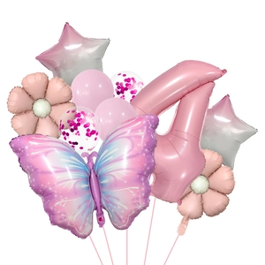 Pink jungle animal themed balloon set with purple butterfly and digit 4 for birthday party