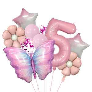 Pink jungle butterfly balloon kit for 5th birthday party featuring 32-inch number foil
