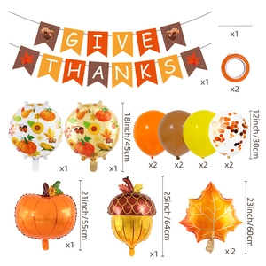 Thanksgiving party decoration kit with Give Thanks banner, pumpkin and maple leaf balloons