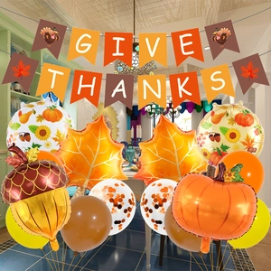 Thanksgiving party balloon kit with Give Thanks banner, maple leaf and pumpkin foil balloons