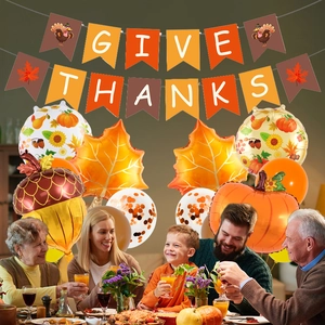 Thanksgiving party decoration kit with Give Thanks banner and pumpkin foil balloons