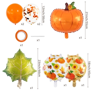 Dettaglio kit palloncini Ringraziamento con zucca, foglia di acero e coriandoli dorati