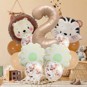 Kit ballons anniversaire 2 ans thème forêt rétro avec animaux lion tigre et marguerites