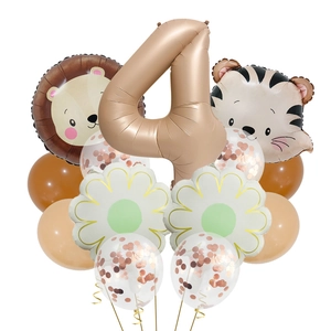 Kit ballons anniversaire 4 ans thème forêt avec lion tigre et chiffre or rose