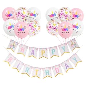 Unicorn Theme Birthday Party Decoration Kit Happy Birthday Banner Latex Printed Balloons Pink White Sequin Balloons For Kids