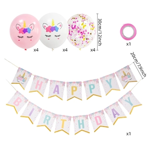 Unicorn birthday party set with 12-piece latex balloons and happy birthday banner decorations