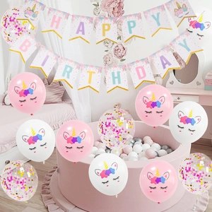Unicorn birthday party kit with Happy Birthday banner and pastel latex balloons