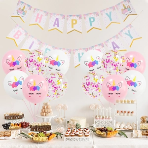 Unicorn birthday party set with Happy Birthday banner and pastel latex balloons