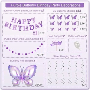 Purple butterfly party set with large foil balloon, birthday banner and 3D stickers