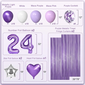 Purple balloon set with metallic fringe curtains, star hearts and number balloons